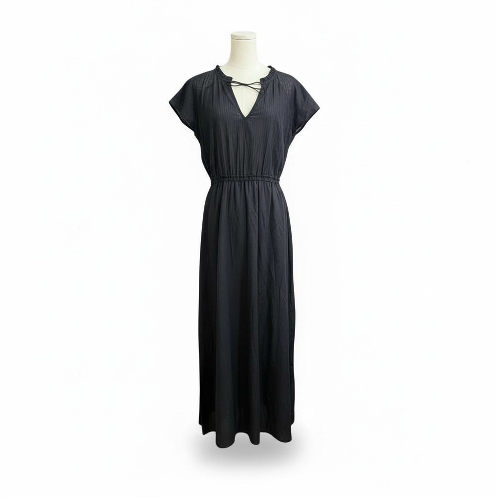MICHAEL STARS ✘ Black Cotton Maxi Dress Tie Neck Flutter Sleeve Elastic Waist, L